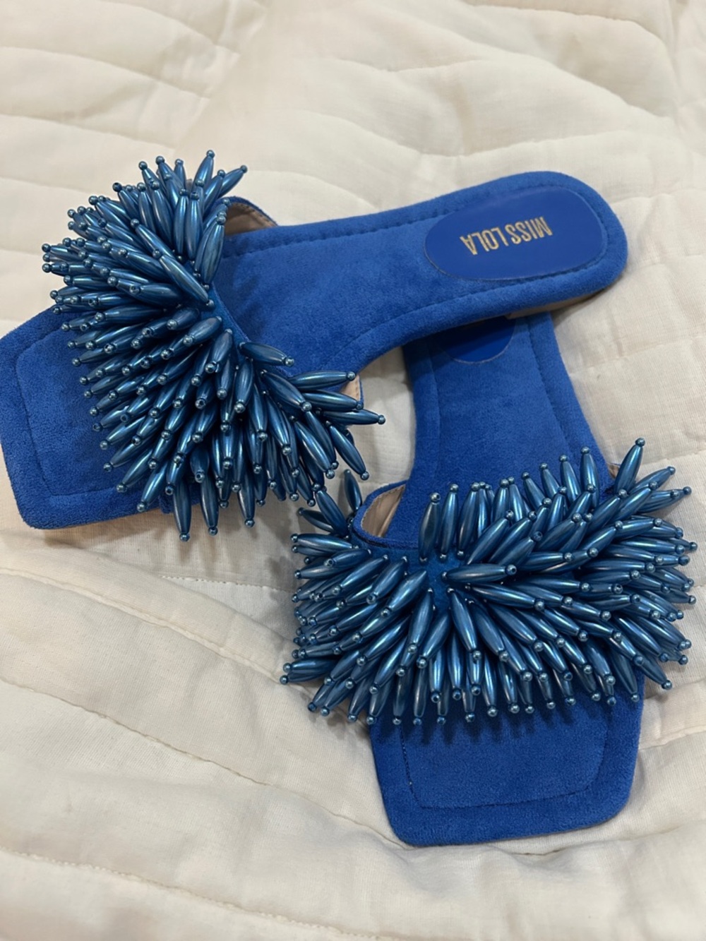 Miss Lola Electric Blue Beaded Slide Mules USED